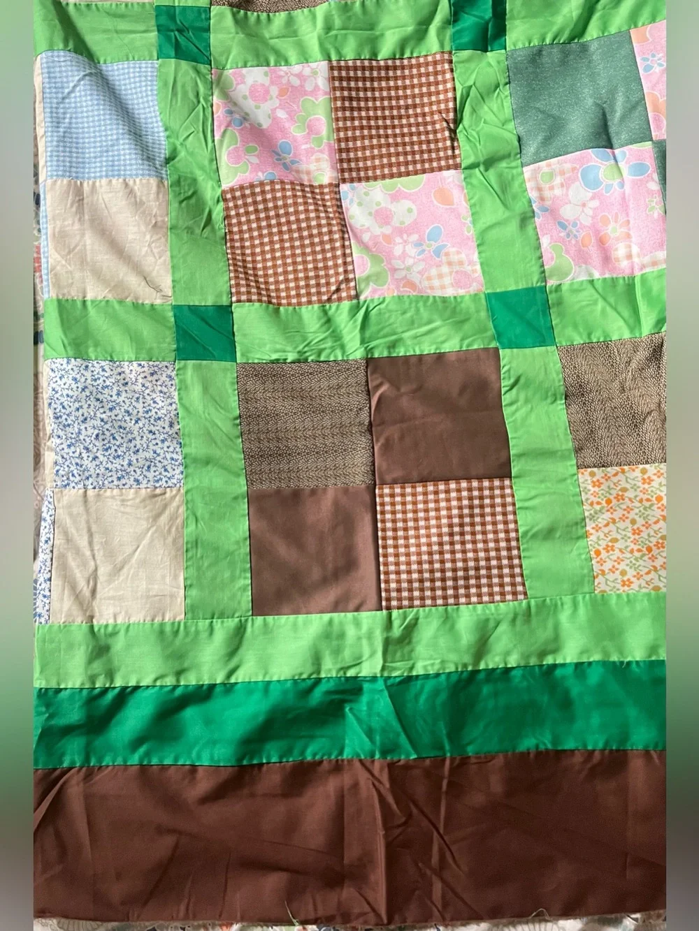 quilt top 76”x97”, cotton & synthetic square block w/variety of pattern & color